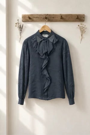 Blusa con escote de pico, lazada y volantes