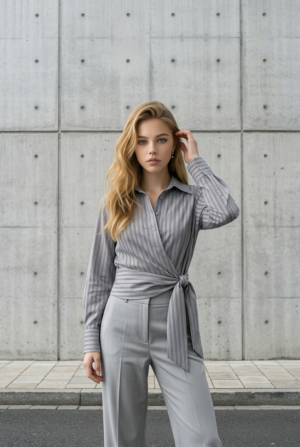 Camisa gris de rayas con nudo lateral